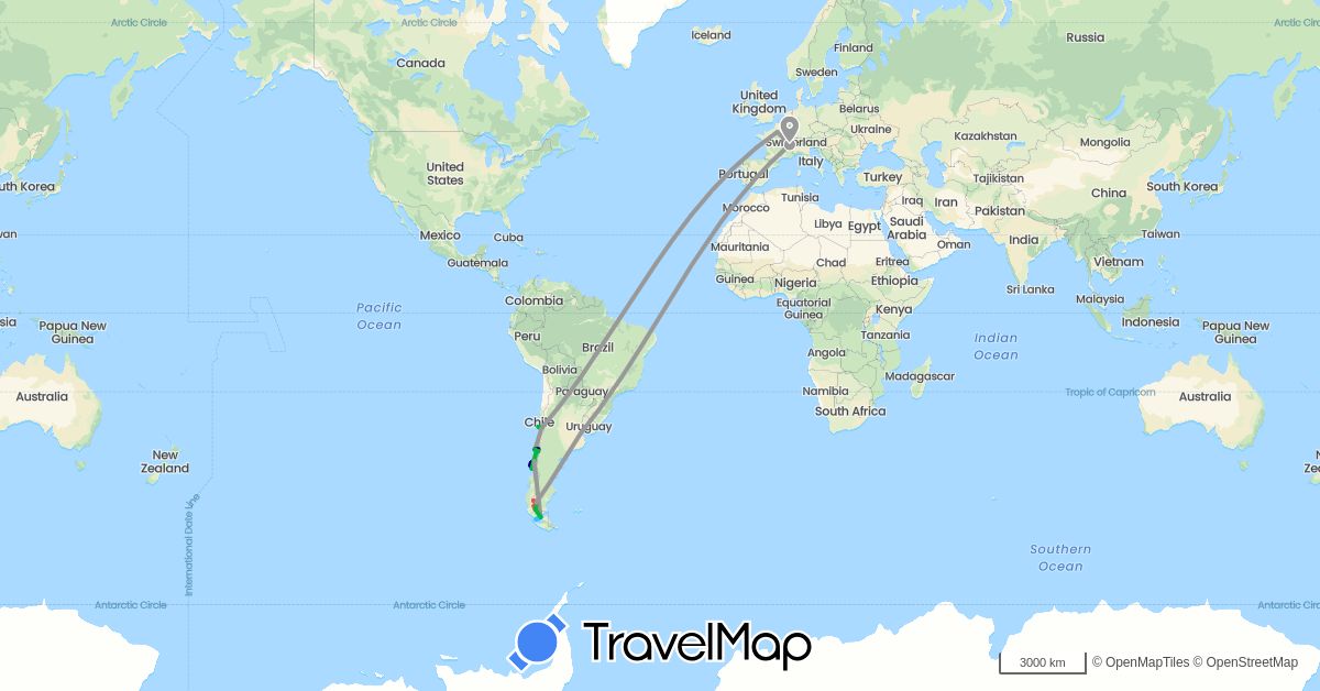TravelMap itinerary: driving, bus, plane, hiking, boat in Argentina, Switzerland, Chile, France (Europe, South America)